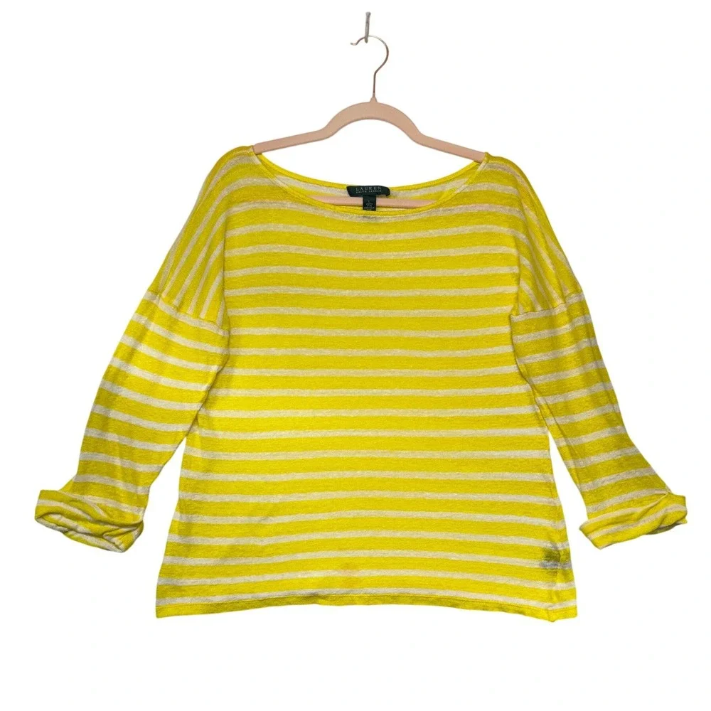 Lauren Ralph Lauren Yellow White Striped 100% Linen‎ Knit Sweater Top Womens L